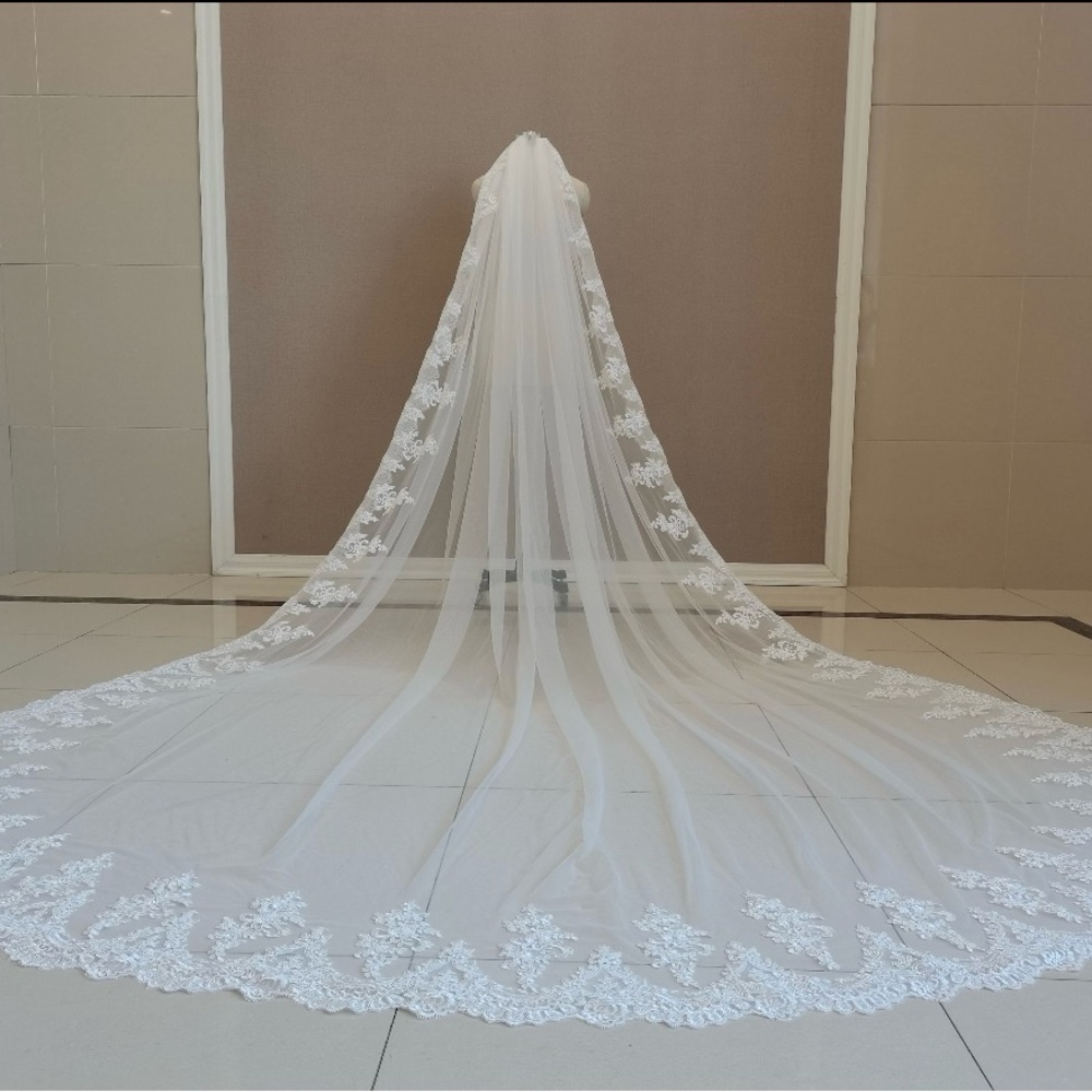Lace Applique Cathedral Bridal Veil Off-White Wedding Veil One Layer With Comb